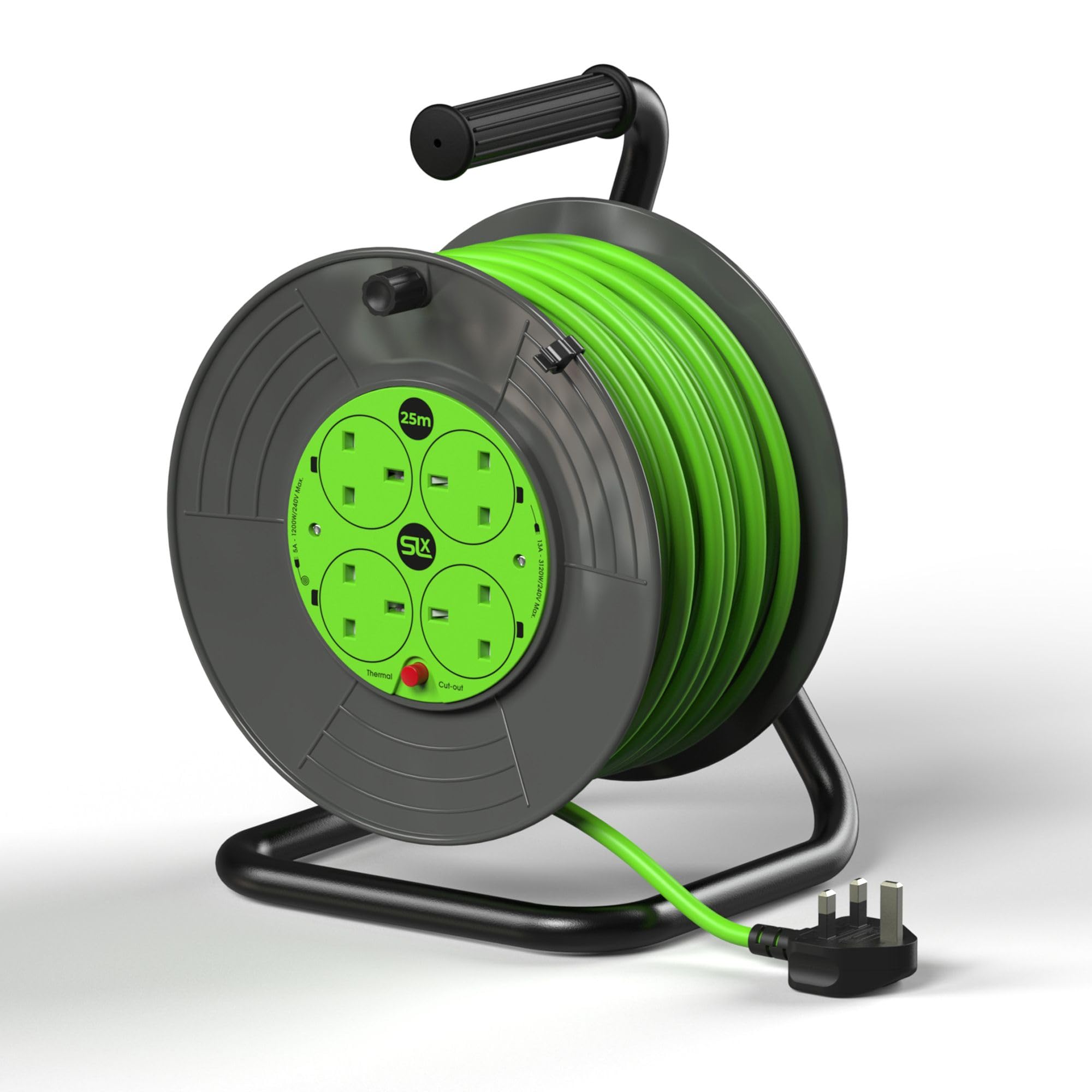 SLx Extension Lead 25m 4 Socket Open Cable Reel with Thermal Cut Out, Heavy Duty Long Reach Extension Cable for Garden, DIY and Workshop, 13A Fused UK Plug in Grey & Green