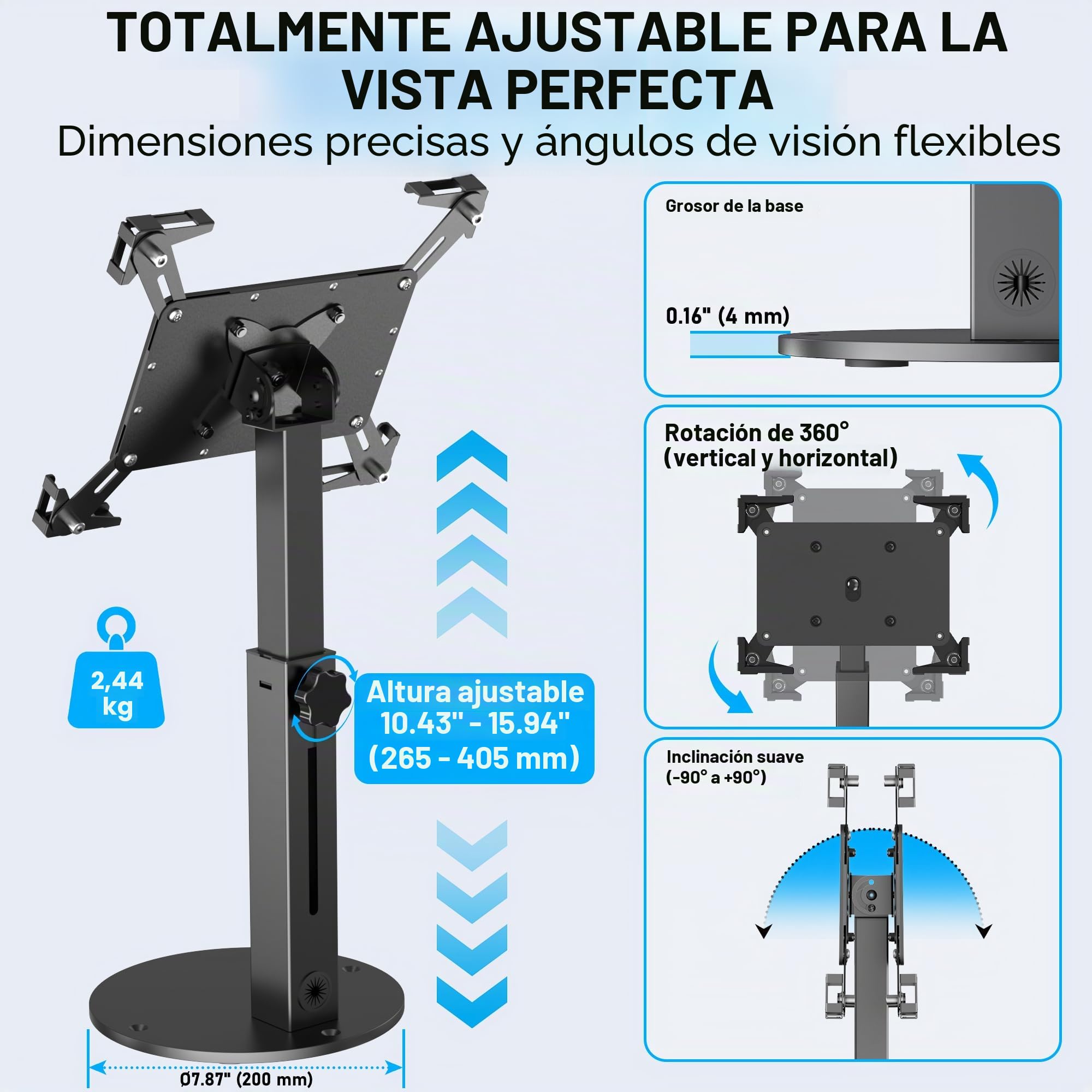 Soporte Antirrobo Kiosco Para Tablet De 10"-14" iPad Pro Air Y Samsung, Montaje TPV De Mostrador Seguro De Acero Resistente Para Negocios Y Tiendas Comerciales, Altura Ajustable, Rotación 360°, Negro