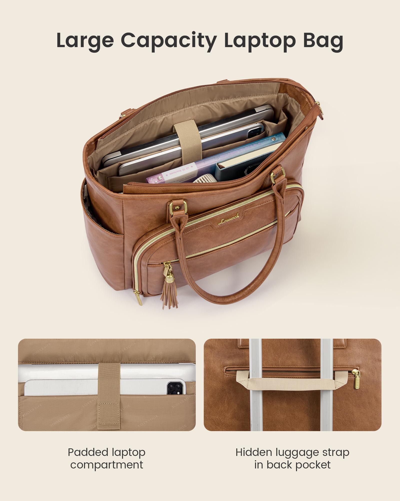 LOVEVOOK Laptop Tote Bag for Women Work, Vintage Leather Teacher Nurse Bag with Large Cup Holder, Bible Handbag Purse GIfs, Waterproof Professional Computer Briefcase for Business Office, 15.6 Inch — view 5