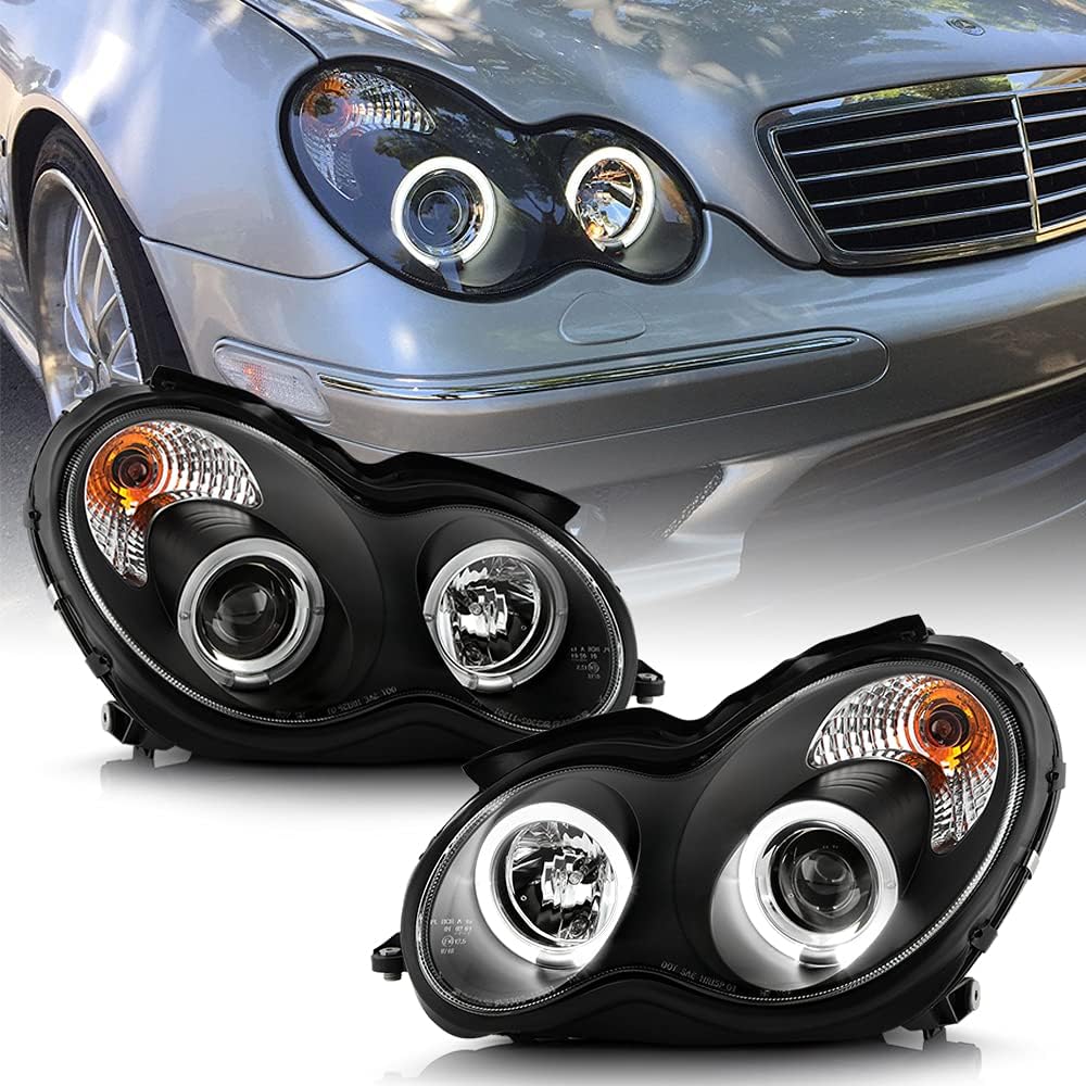 ACANII - For [Halogen Model] 2001-2007 Mercedes-Benz W203 C230 C240 C320 LED Halo Black Projector Headlights Headlamps