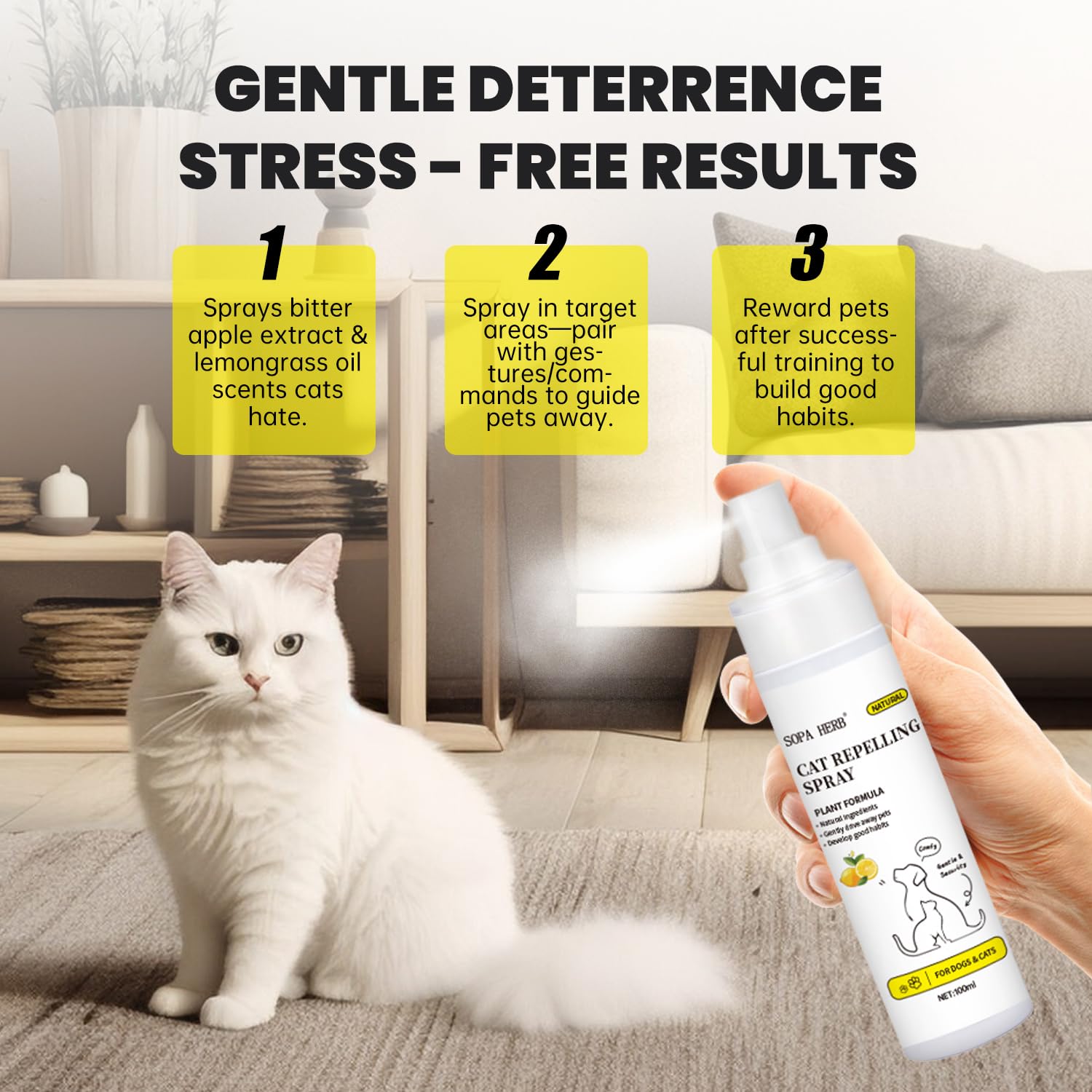 Sopa - Spray repelente para gatos, fórmula natural a base de plantas, protección interior y exterior, 100 ml
