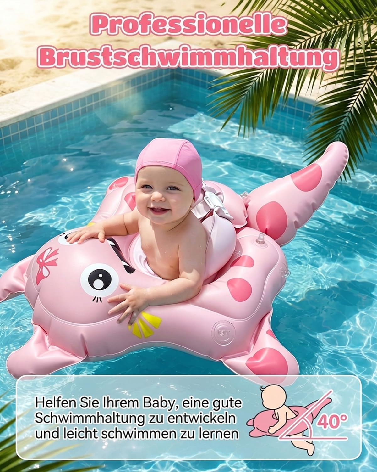 Baby Schwimmring mit UPF50+ Sonnendach Entfernbar, Rosa Premium Baby Float, Schwimmhilfe verstellbare Schultergurte, Schwimmtrainer, mit aufblasbarer Swimming Float für ab 6-36 Monate(7-16kg)