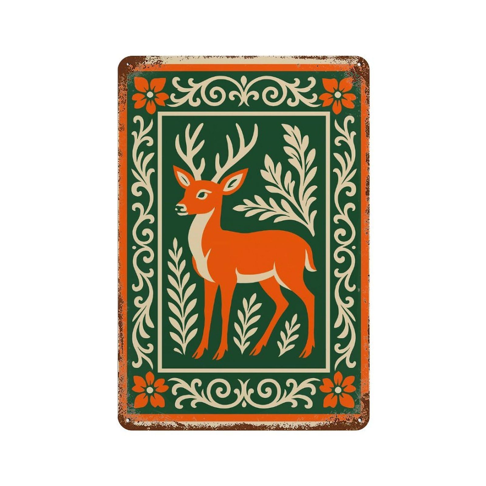 Aged Metal Wall Plaque with Stylized Deer Illustration with Floral Border Design 11.8"x7.9", for Shed, Workshop And Garage Wall Decor, Decorative Metal Wall Art