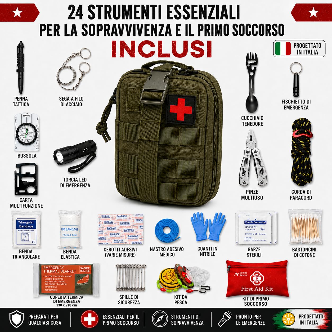Kit di sopravvivenza completo 2026, zaino emergenza 72 ore per casa e campeggio, con radio solare, fornello da campeggio a gas portatile, 3 lampade, kit di primo soccorso, paracord e coperta termica