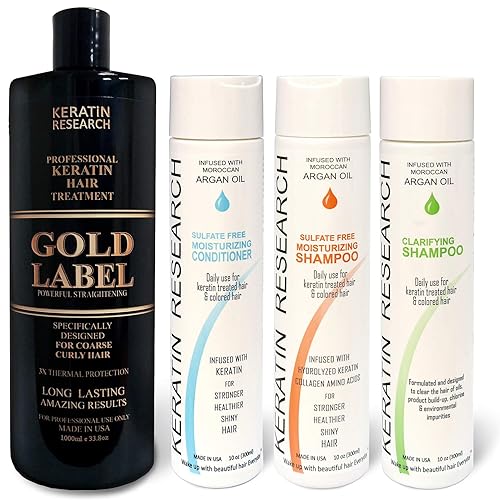 Tratamiento Profesional de Keratina Chocolate Gold Label Set de 4 Botellas 33.8 fl oz, Fórmula Mejorada y Diseñada Para Los Tipos de Cabello Rizado