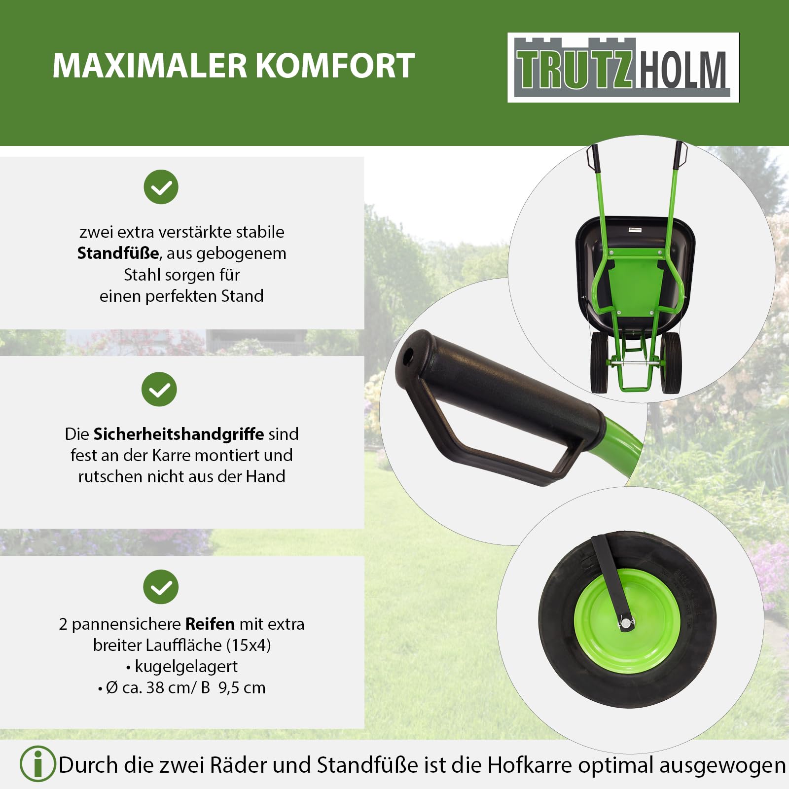 TRUTZHOLM 2-Rad Schubkarre 160 L 220 kg Gartenschubkarre Schiebkarre Hofkarre Vollgummireifen Metallfelge grün