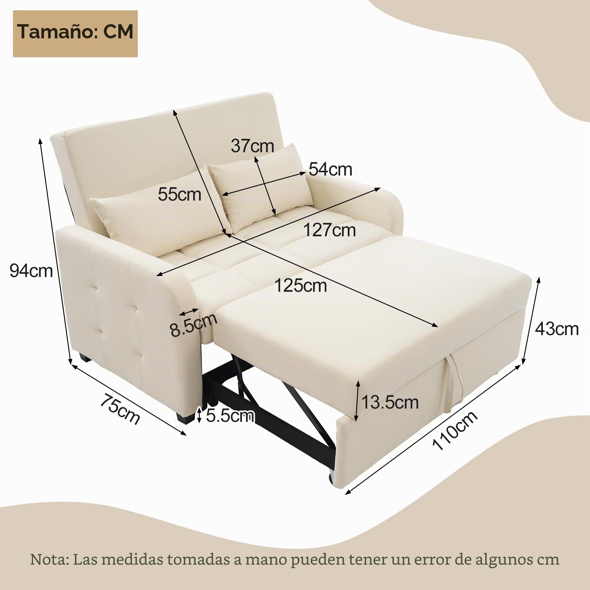 Dolamaní Sofá cama plegable con dormir y cajón, 2 plazas, 127 x 75 cm, extensible a 127 x 125 cm (beige)