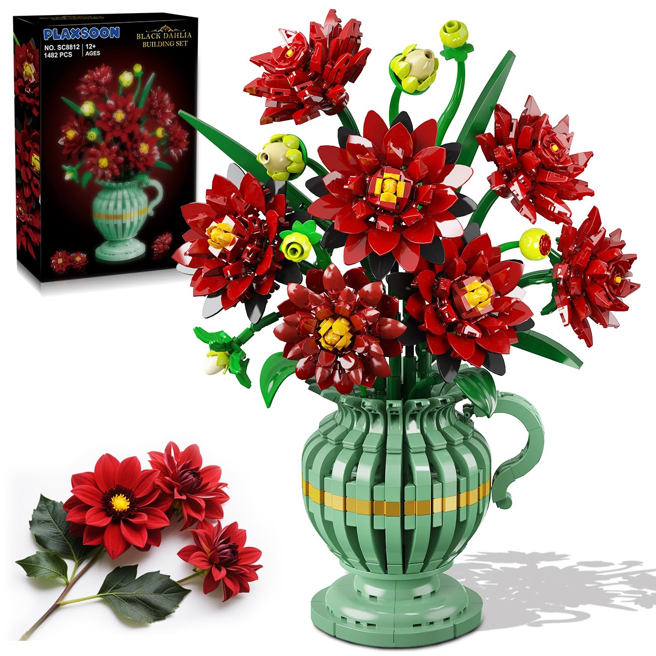 PLAXSOON Kit de Construction de Fleurs Dahlia avec Vase, Collection Botanique Bouquet de Fleurs en Blocs, 1482 PCS Kit Bonsaï Artificiel Gothique Déco Maison Cadeau pour Elle Adultes Enfants Filles