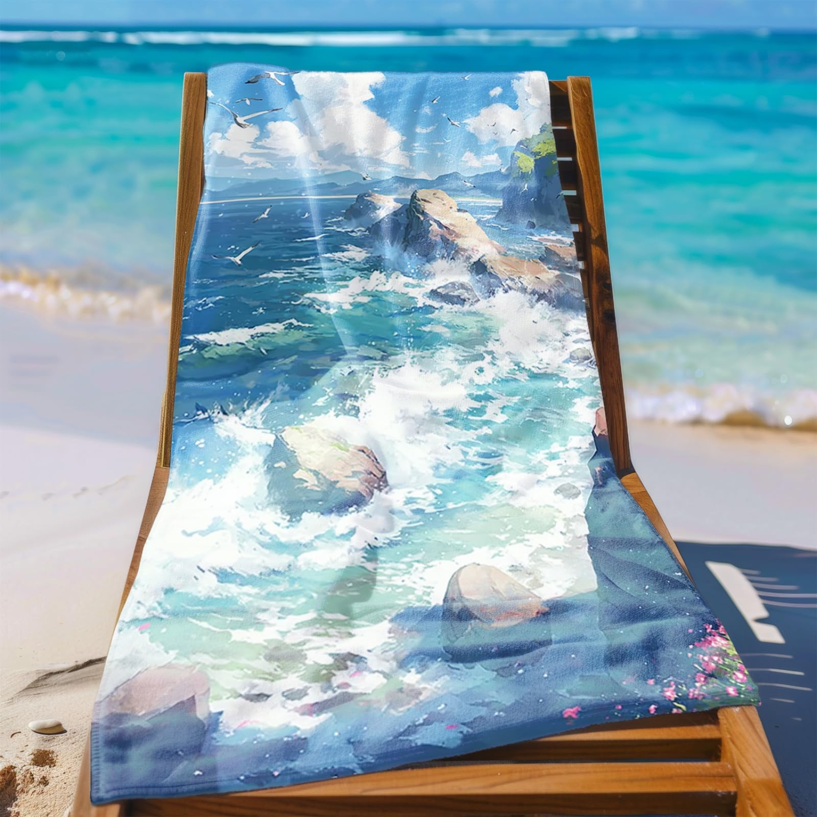 Tapis de Plage XXL Anti Sable Plage Seagull Bleu Serviette Piscine Adulte,Natte De Plage Pliable, Voyage Accessoires De Plage Camping,Serviette de Bain Personnalisée