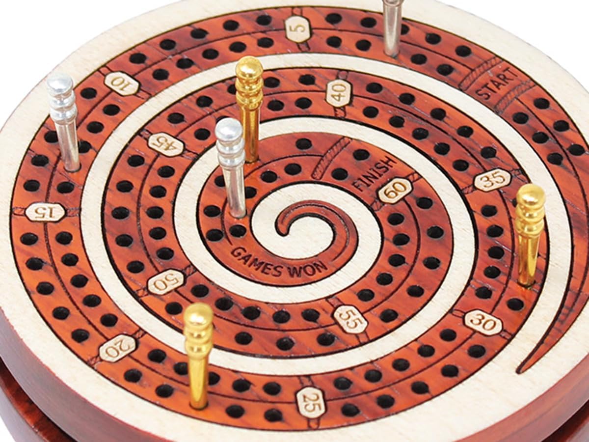 House of Cribbage - 2 Track 60 Points - Spiral Shape Pocket Size Wooden Travel Cribbage Board - Size 4 Inch (Maple Wood/Bloodwood)
