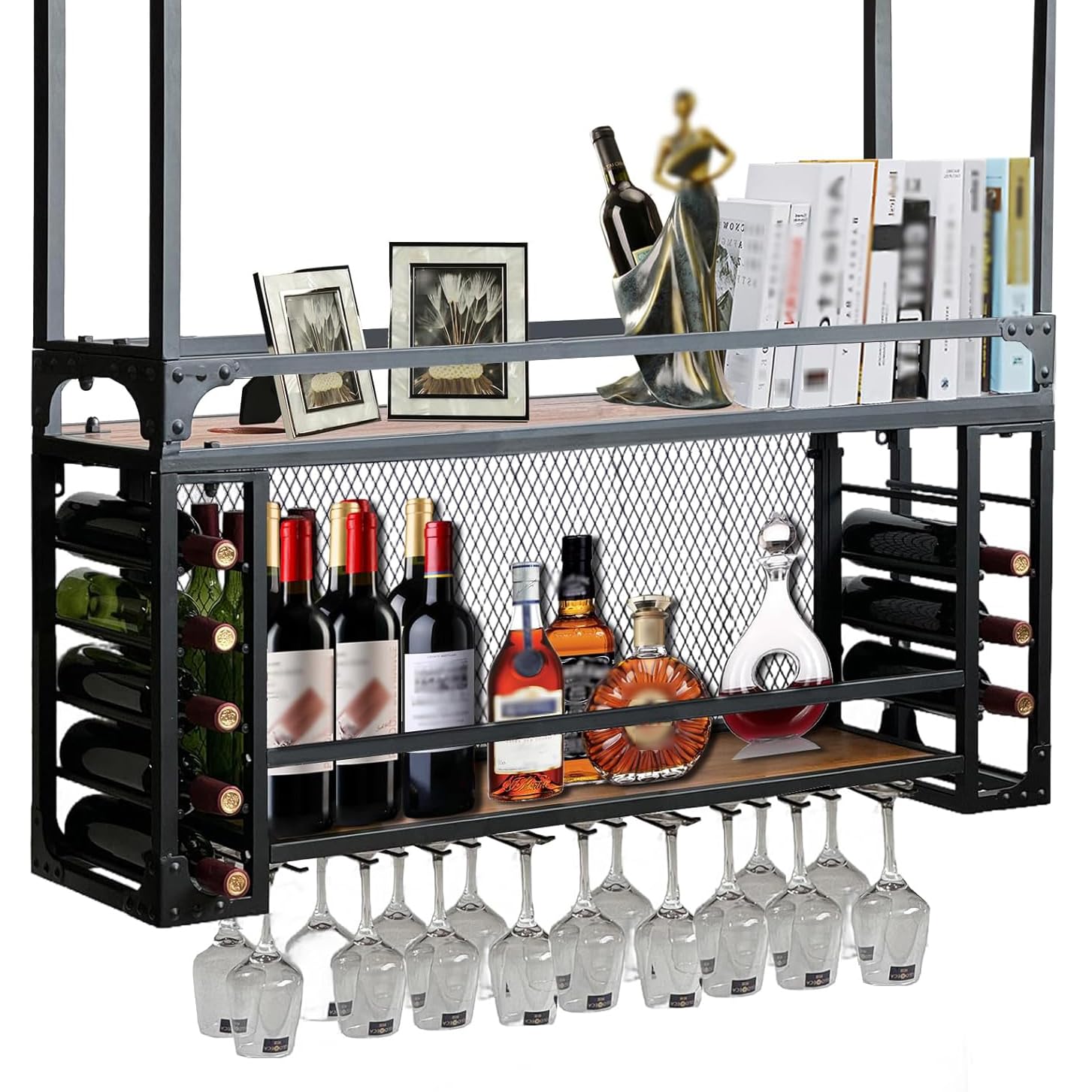 Botellero Colgante de Metal con luz LED, Soporte para Copas de Vino de Techo, Soporte rústico Industrial para Botellas de Vino de 2 Niveles, Soporte para Copas y Copas (100cm)