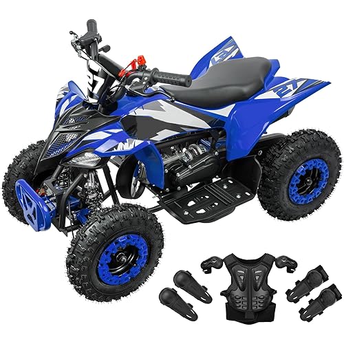 Gas ATV 49cc Quad Bike with Parental Speed Control - Hydraulic Disc Brakes, Emergency Kill Switch & Full Safety Gear Set - 15 MPH Blue