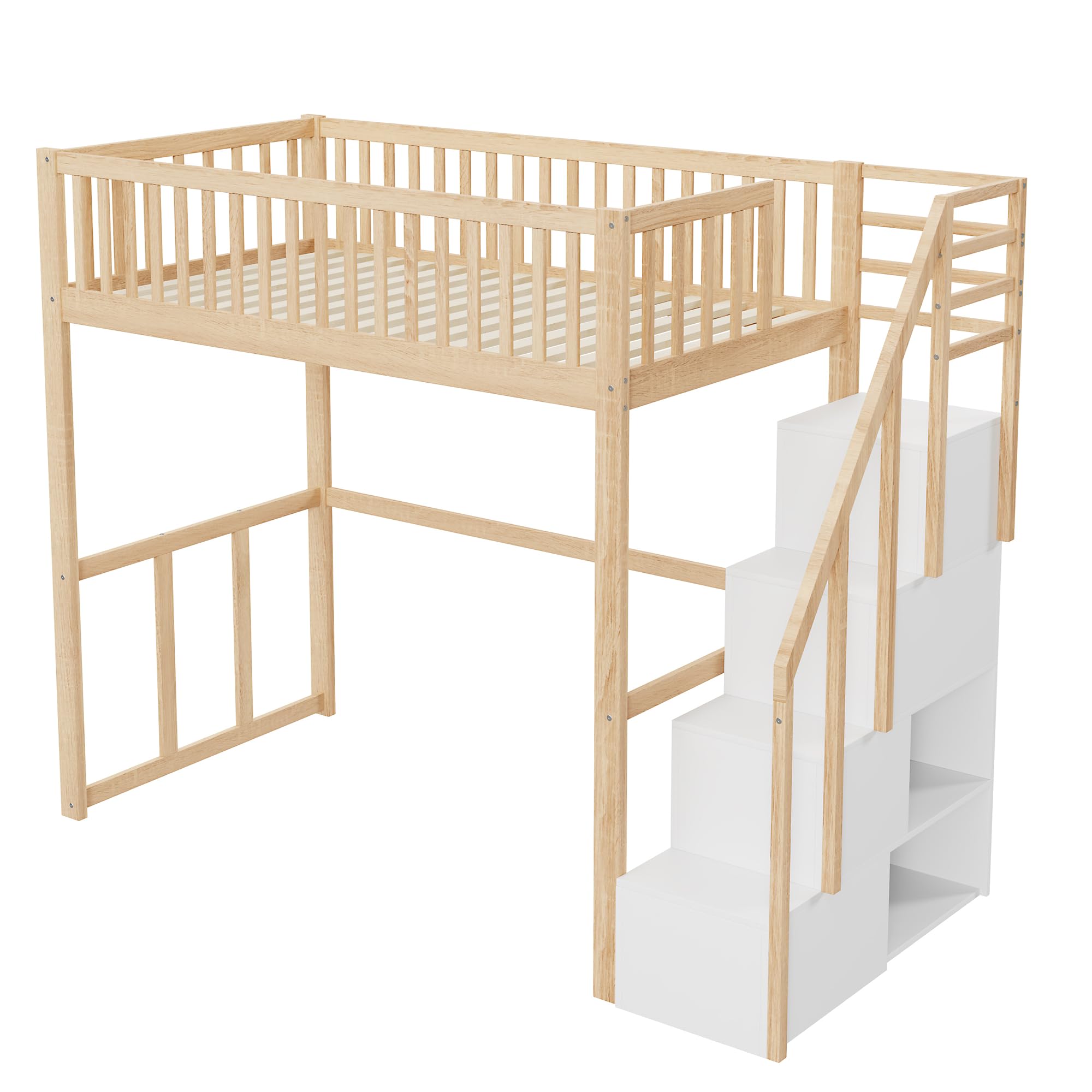 Moimhear Letto a soppalco 90x200cm con scala di sicurezza e contenitore, struttura del letto in legno di pino massiccio per bambini e ragazzi (colore legno + bianco)