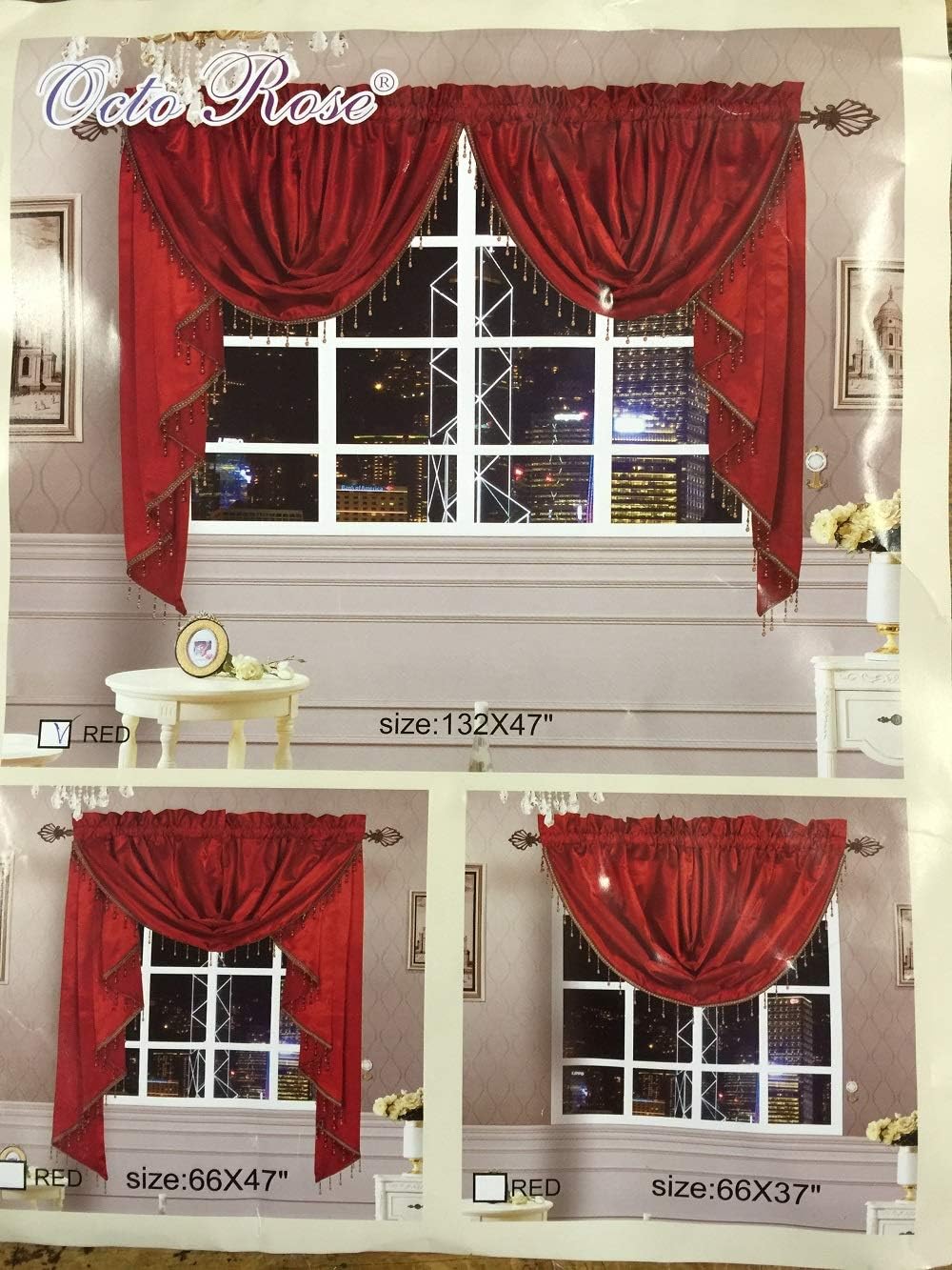 OctoRose Royalty Custom Waterfall Window Valance Swags & Tails, Window Curtain Set, Curtain Panel (Wine, 5pcs-132x47+66x37x3)
