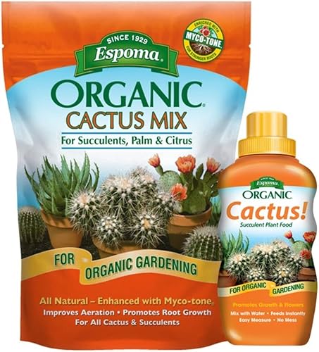 Espoma Mezcla de tierra orgánica de cactus de 4 cuartos y cactus. Botella de concentrado líquido de alimentos vegetales de 8 onzas. Uso para cactus