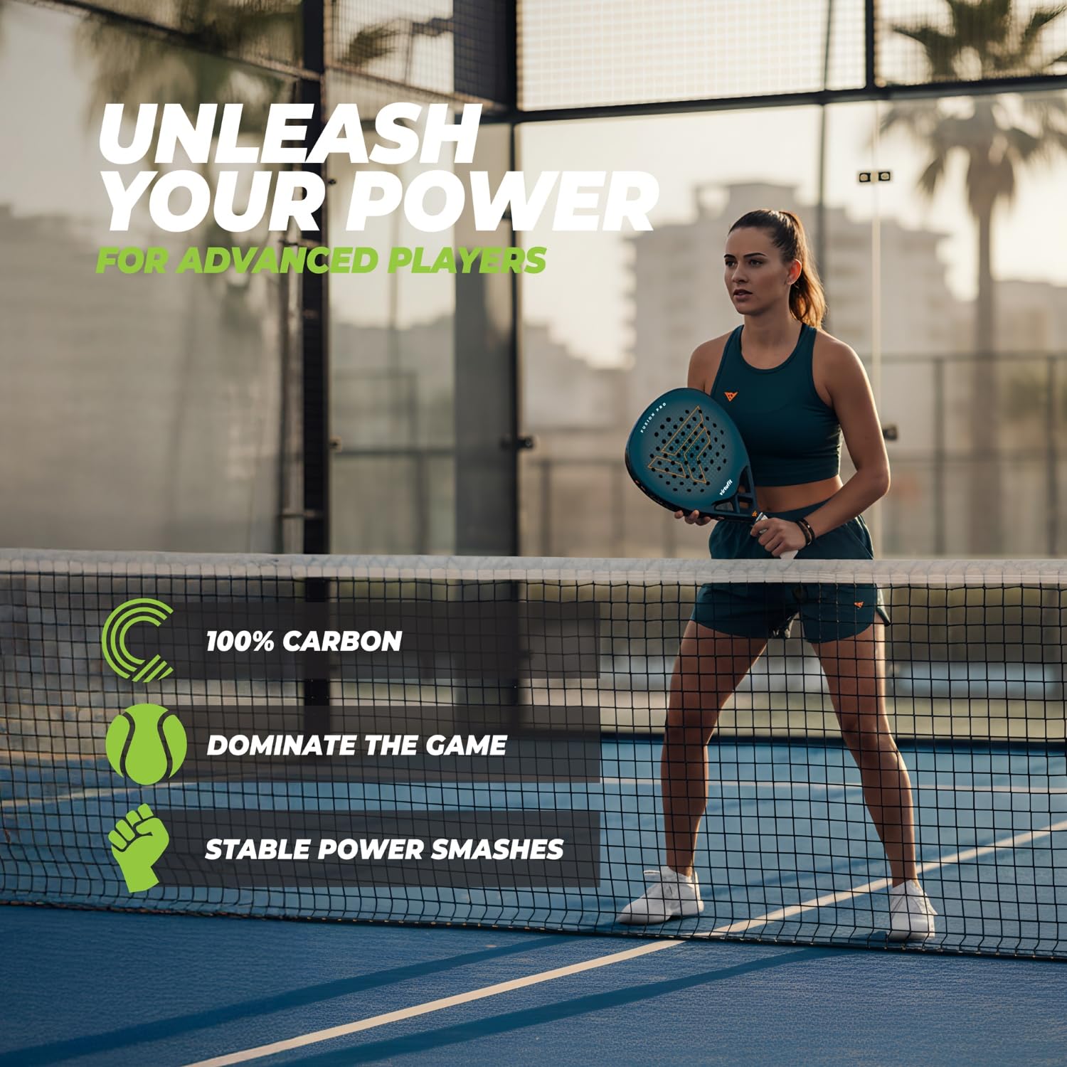 VirtuFit Fusion Pro Padel Set Deep Teal - Juego de raquetas de pádel para avanzados - Raqueta de carbono de 18 K con bolsa, 3 pelotas de pádel y overgrips
