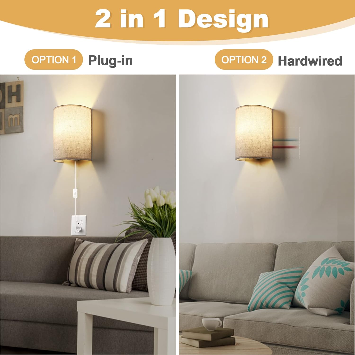 Plug in Wall Sconces, Stepless Colors 2700K-6500K & Stepless Dimming, Wall Sconces Set of Two with Remote & Switch Control, Plug in Wall Light with Timer, Bulbs Included, Linen