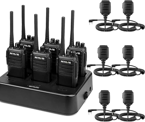 Retevis Radio RT21 de 2 vías (paquete de 6) con cargador de seis vías, micrófono de altavoz Retevis IP54 impermeable de 2 pines (paquete de 6)