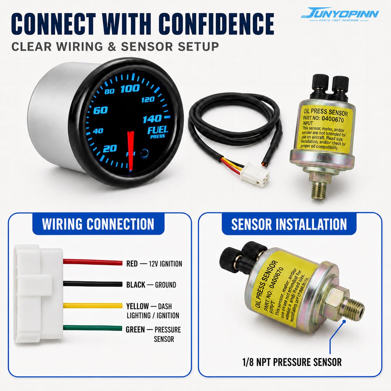 2''52mm Fuel Pressure Gauge 0-140 PSI with Sensor Tinted 7 Color Gauge Kit