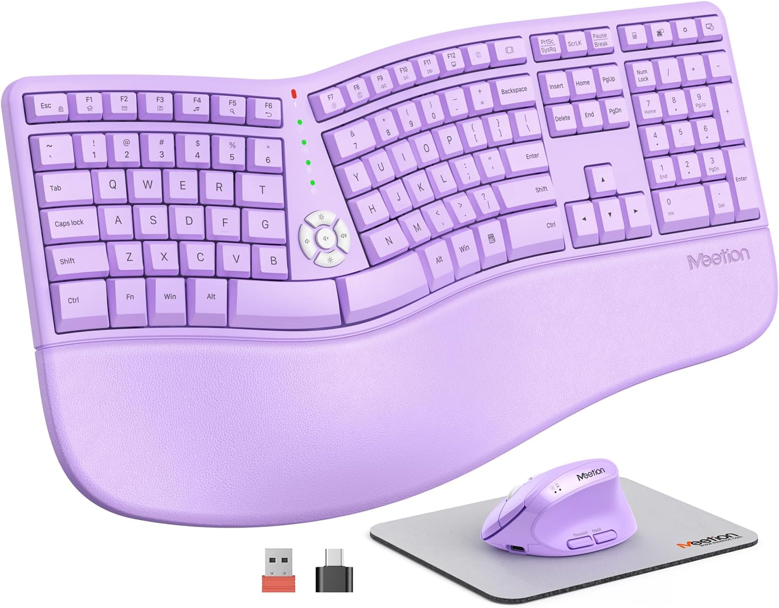 MEETION Ergonomic Wireless Keyboard and Mouse, Split Arch Keyboard with Cushioned Wrist Palm Rest, Wireless Vertical Mouse, Rechargeable Full Size, Windows/Mac/Computer/Laptop, Purple