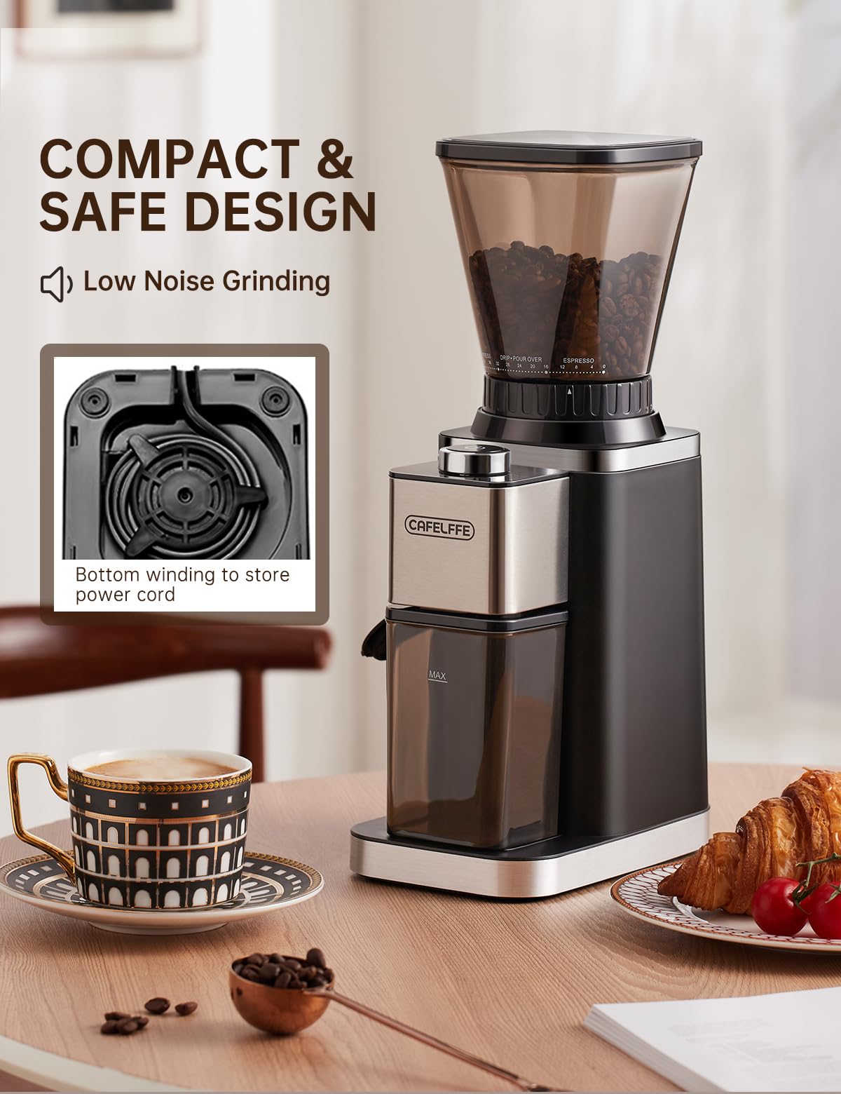 CAFELFFE Macinacaffè elettrico per portafiltro e contenitore, 48 livelli di macinazione regolabili con funzione antistatica per espresso, caffè filtro, Pour Over, Cold Brew e French Coffee – ideale