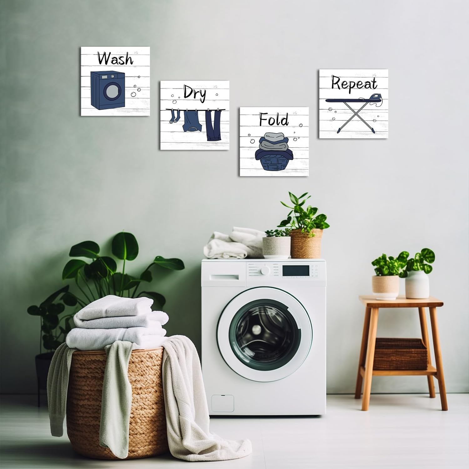 Visual Art Decor Laundry Sign Wash Dry Fold Laundry Decorations Home Wall Decor, Framed 12x12inchx4Pieces (White)