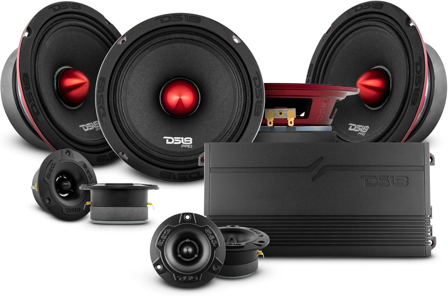DS18 Bundle Car Speakers & Amplifier 4X 6.5 Midrange Loudspeakers 4X 1 Super Bullet Tweeters 1X Amplifier 4-Channel 1800W Max- Mid/High PRO Car Audio Component Package