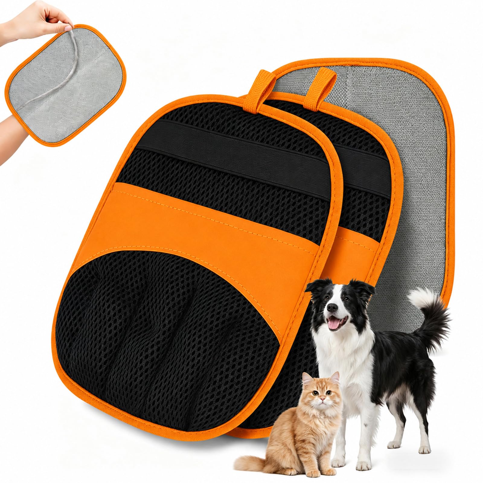 2 Pack Pet Hair Removal Glove, Five-Finger Electrostatic Glove, Reusable Pet Grooming Glove, Magic Brush Glove Deshedding Glove, Pet Hair Remover for Dog Cat, Furniture, Car Seat, Clothes (Orange)