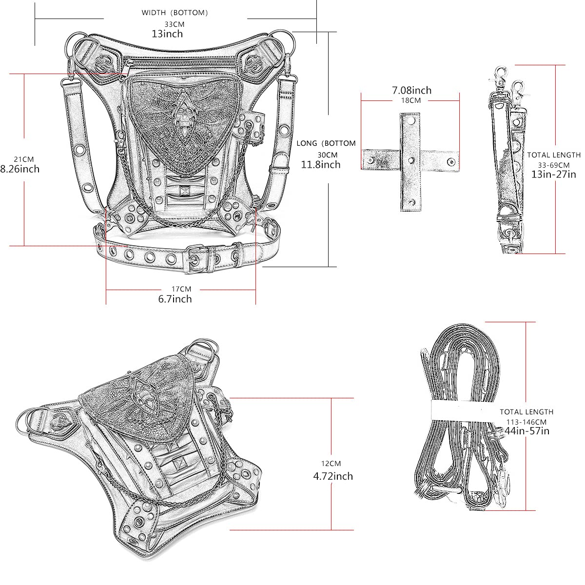 Steampunk nerka skórzana nerka torba na nogę motocykl ramię crossbody torebka biodrowa kabura pasek torebka podróżna wędrówki sport, Złoty, Jeden rozmiar
