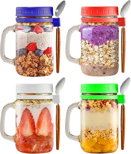 Recipientes de avena con tapas y cucharas, recipientes de vidrio de 16 onzas, tarros portátiles de gran capacidad para avena durante la noche para