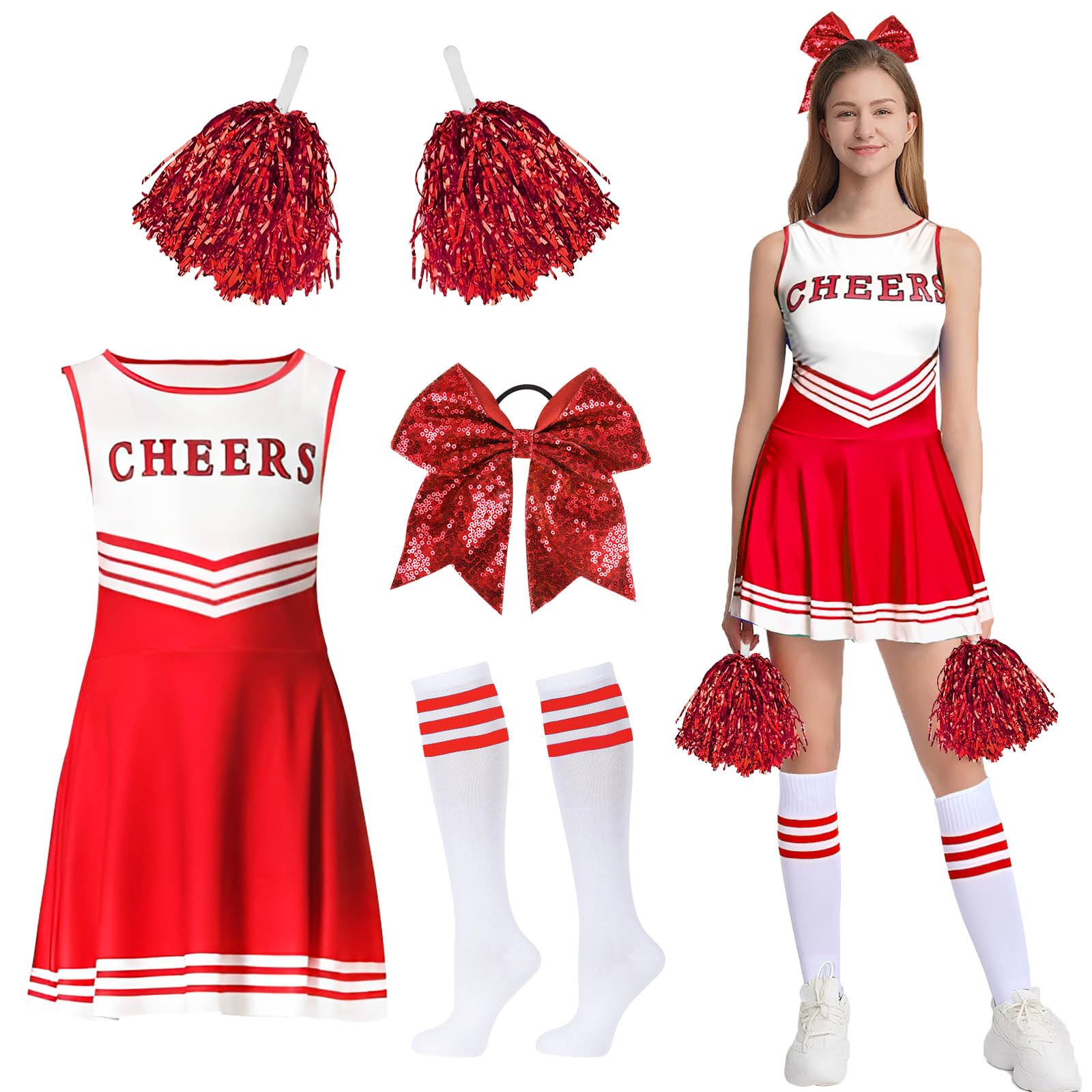GUBOOM Disfraz de Animadora Mujer Adulta, Disfraz Halloween Mujer de Animadora con Pompones, Calcetines y Lazo para el Cabello, Disfraz Animadora Mujer Para Disfraces, Cosplay