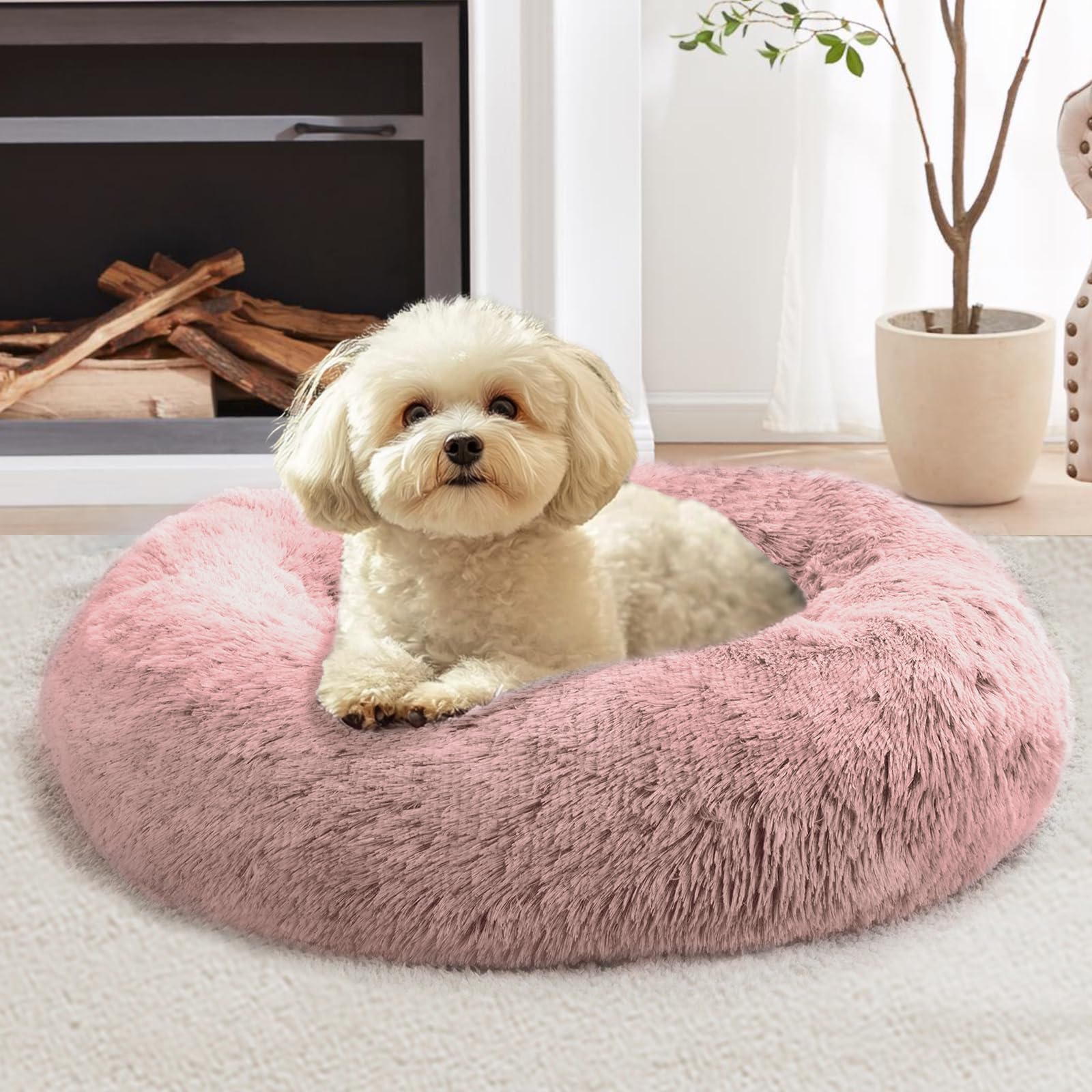 JOLLYVOGUE Calming Dog Beds Large Sized Dog, 36in Donut Washable Large Pet Bed, Anti-Slip &amp; Anti-Anxiety Fluffy Faux Fur Round Dogs Bed, Fits up to 80 lbs Pets (Dark Pink)