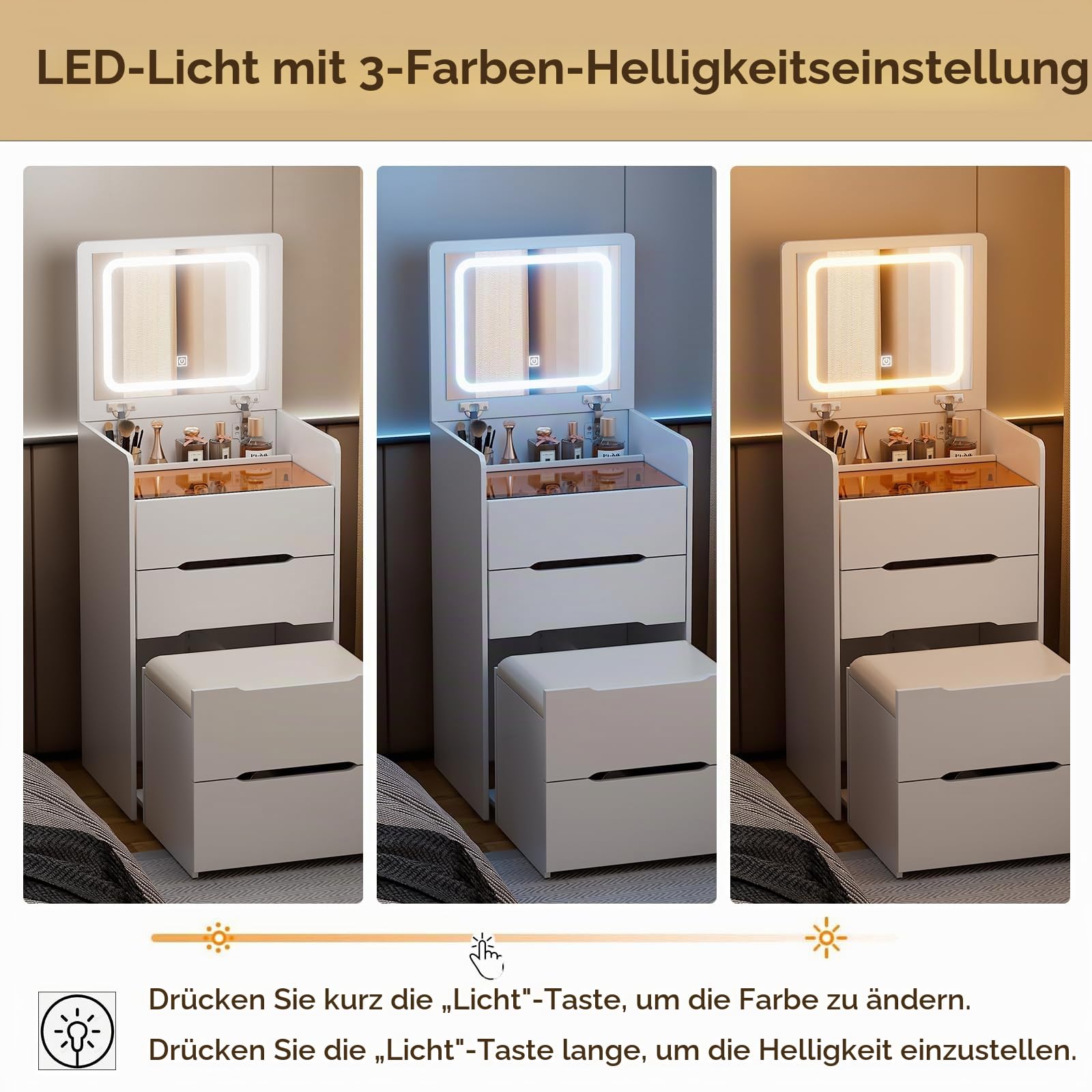 3 in 1 Schminktisch mit LED-Beleuchtung, Frisiertisch mit aufklappbarem Spiegel, sichtbarer Glasplatte, 3 Schubladen Frisierkommode mit Hocker Kleines Kosmetiktisch-Set Patentiertes Produkt EU Plug