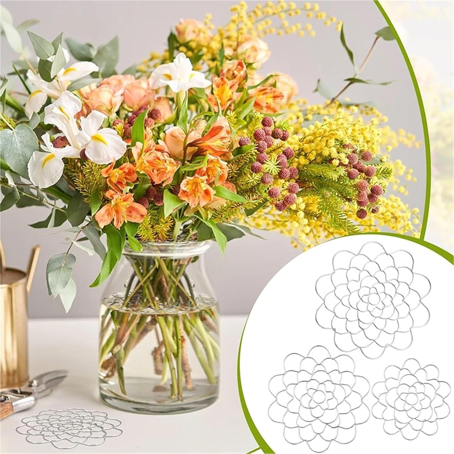 Flower Grid for Vase 3 Set/9 Pcs Wearable Flower Arranger Holder Kit – Reusable Bouquet Twisters for Vase Arrangement for Home Floral Arrangement,Wedding&Party Decor(Gold)