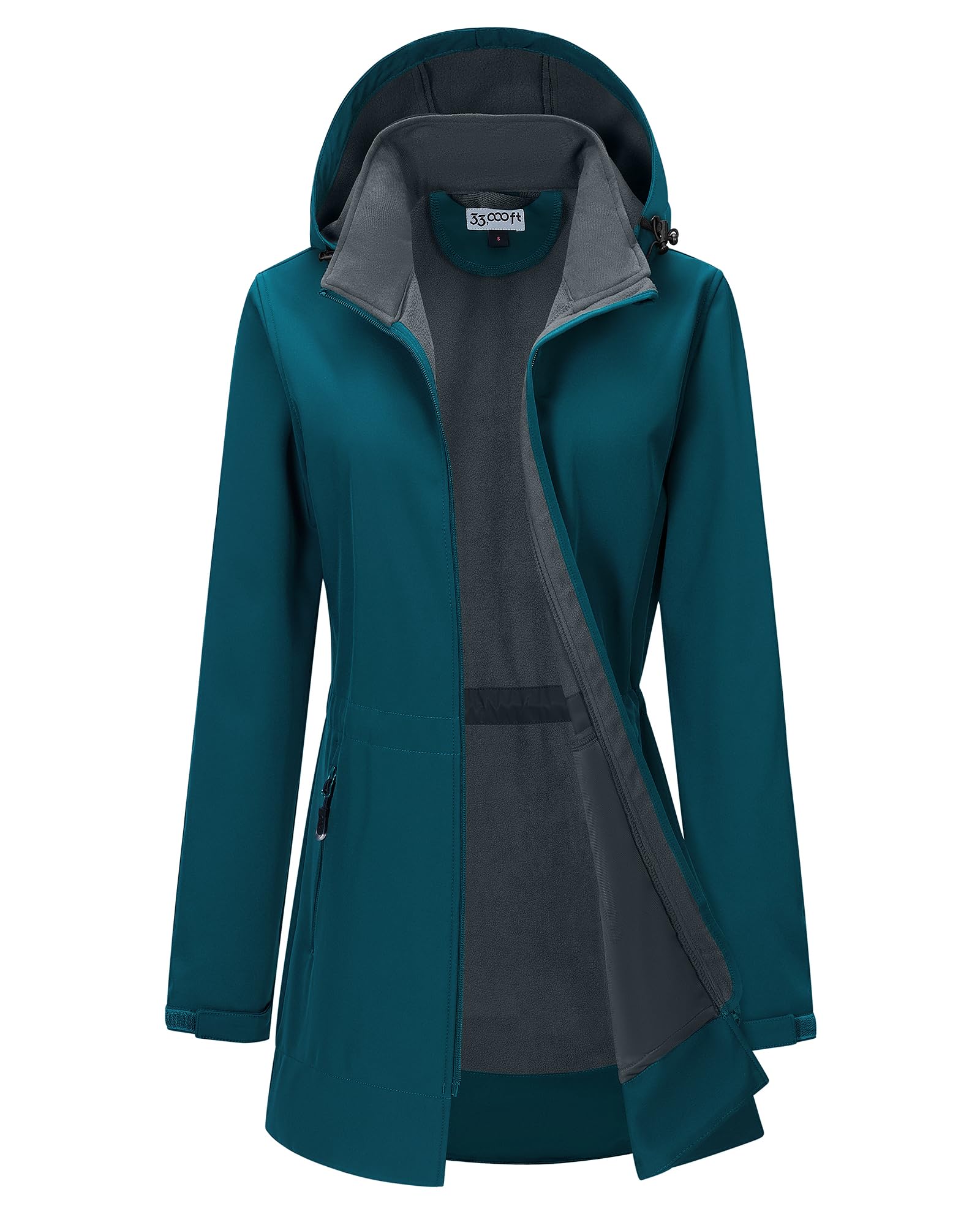 33,000ft Women's Waterproof Softshell Long Rain Jacket with Hood Fleece Lined Windproof Windbreaker