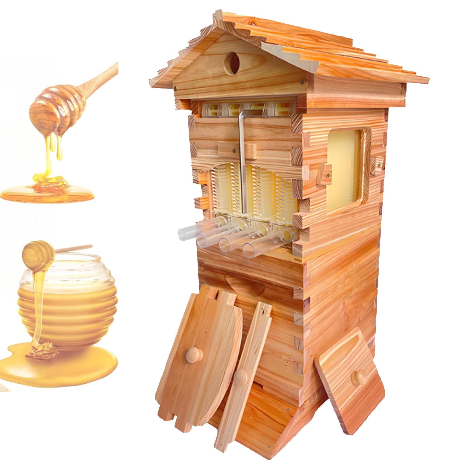 Komplettes Imkerei-Starter-Set mit Beobachtungsfenster und Honigauslauf, Bienenbox aus Holz für Gartenbestäuber