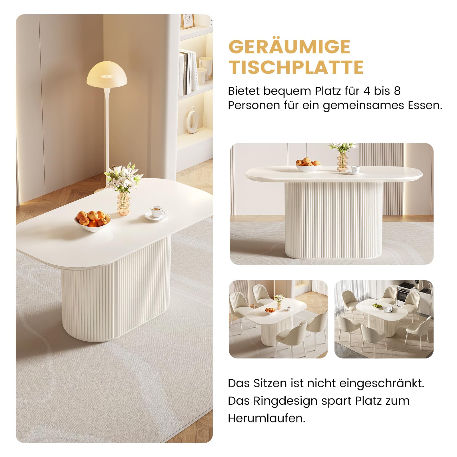 Modernes Esstisch Set mit 6 Stühlen, Weiß Essgruppe im Skandinavischen Design, Platzsparend und Pflegeleicht, Esszimmertisch für Küche & Wohnzimmer, Stabil & Stilvoll (1 Esstisch 6 Stühle, 160 cm)