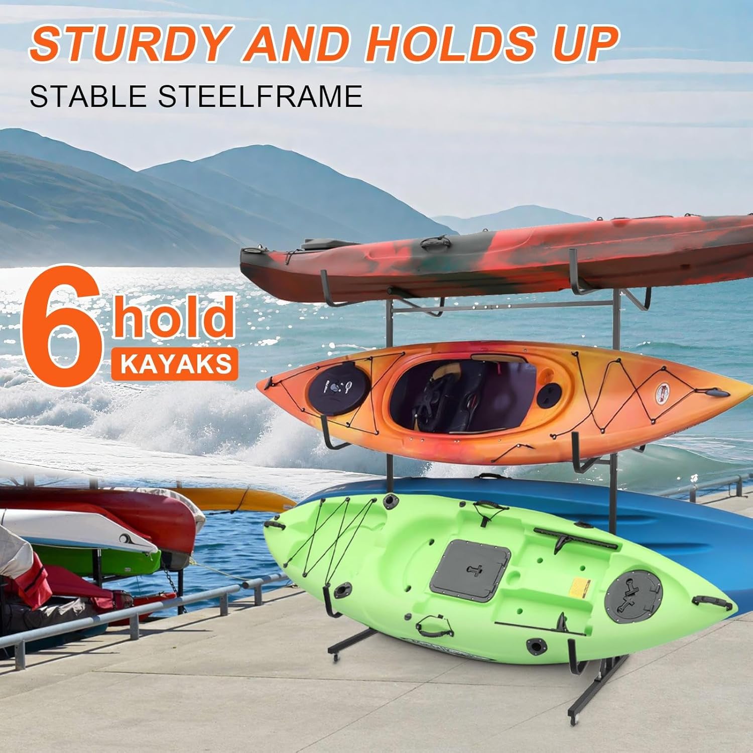 Kayak Storage Rack, Standing Stand for 6 Kayaks, Indoor, Outdoor Width Adjustable Rack, Storage Hooks for Canoe, Boat, Surfboard