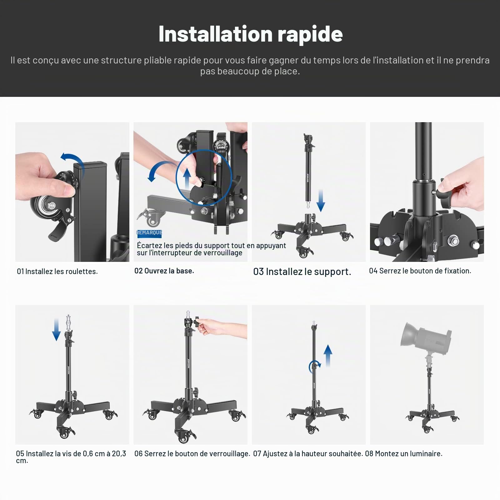 NEEWER ST72 Lot de 2 trépieds de lumière robustes avec roulettes, hauteur max. 2,4 pieds, trépied pliable pour prise de vue à faible angle, trépied de lumière pour boîte à lumière, monolight et autres