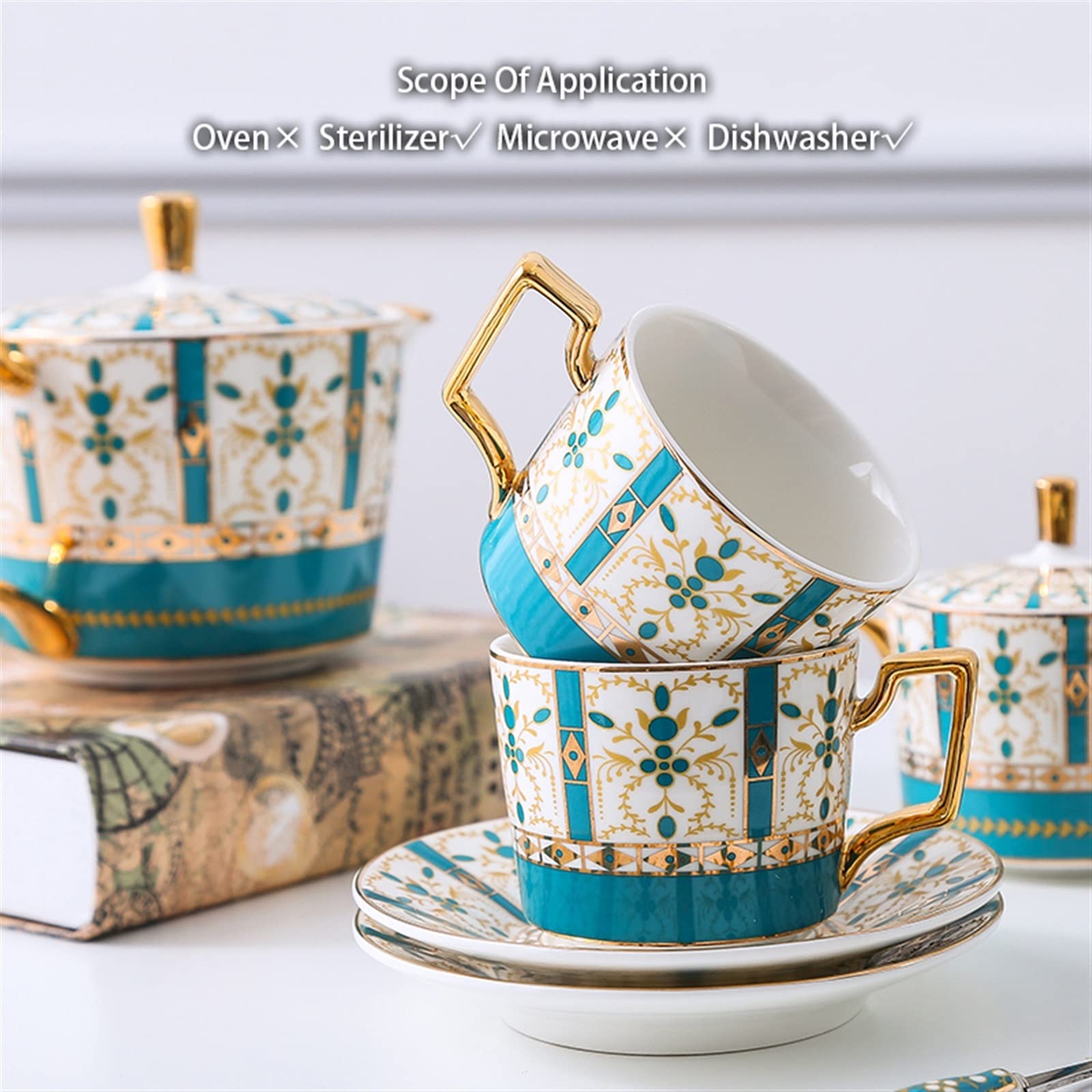 Luxus Gold Bone China Kaffee Set Nordic Porzellan Tee-Set Topf Tasse Keramik Becher Zucker Schüssel Creamer Teekanne Milch Krug Coffeeware (Color : 17pcs Set)