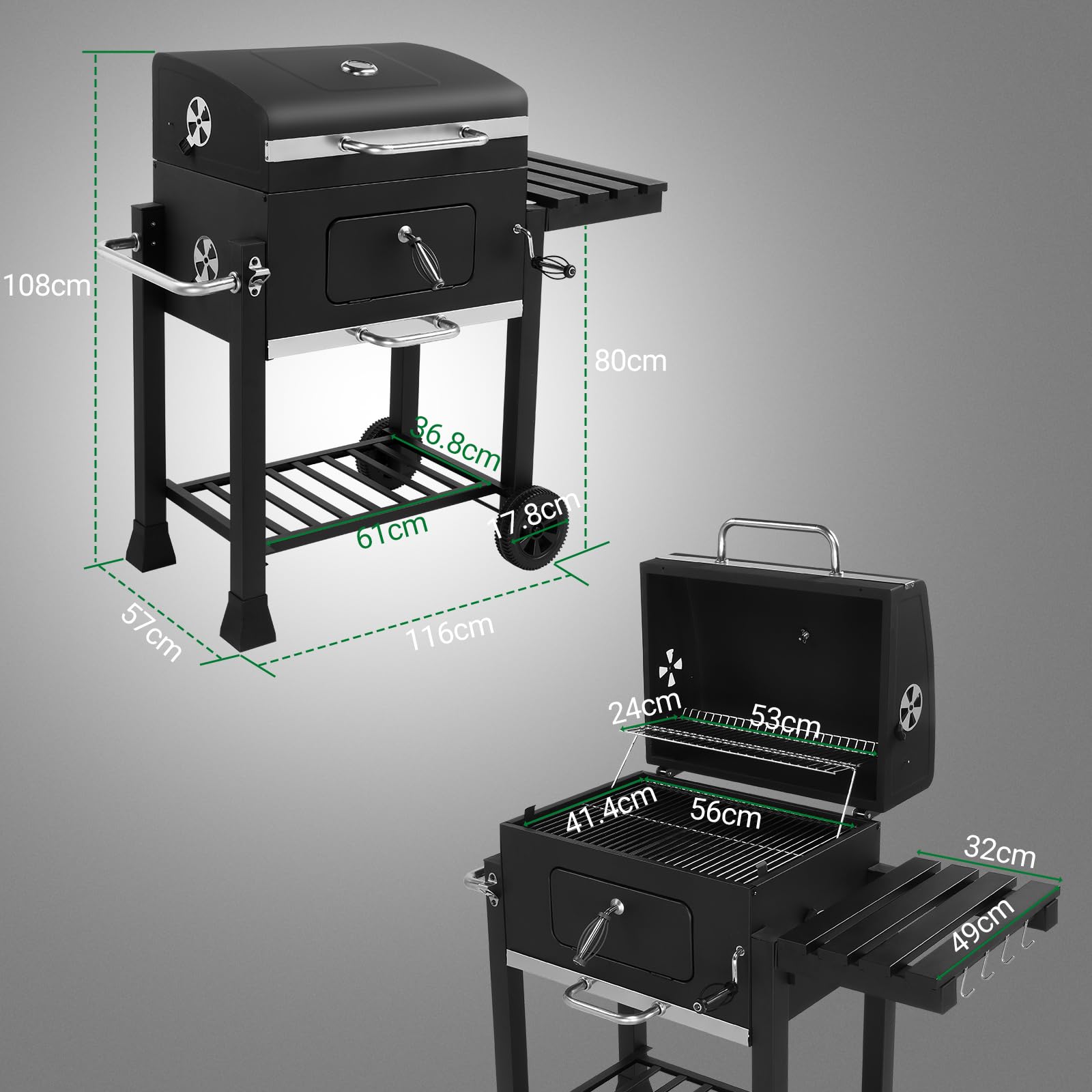 LEADZM Holzkohlegrill mit klappbarem Seitentisch und Rädern, robuster BBQ Grill für Garten, Terrasse und Outdoor Grillabende, 116 × 57 × 108 cm