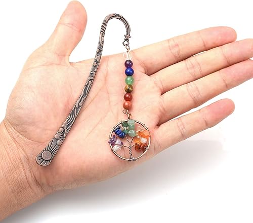 Miniatura 10 de Jovivi Marcapáginas de metal de cobre antiguo con cuentas hechas a mano con 7 cristales curativos de chakras, árbol de la vida, piedras preciosas