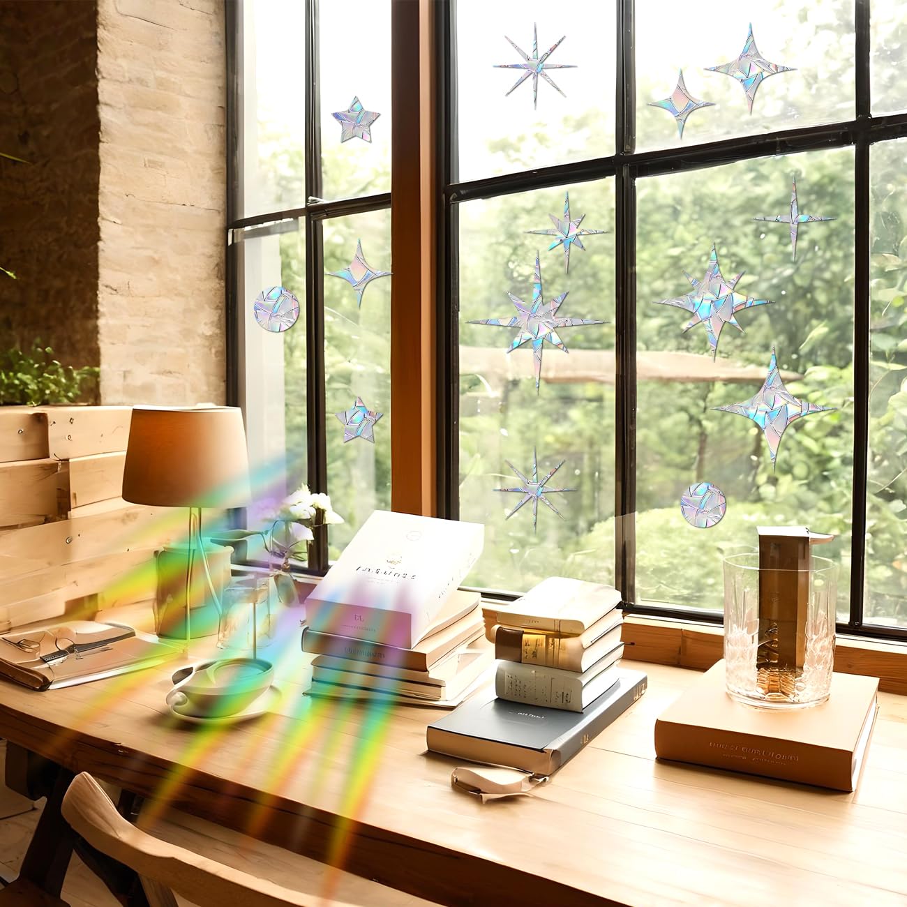 EONBES 51 Pieces Window Decals for Bird Strikes - Suncatcher Rainbow Static Clings for Windows - Anti-Collision for Glass Windows and Doors, Star Style