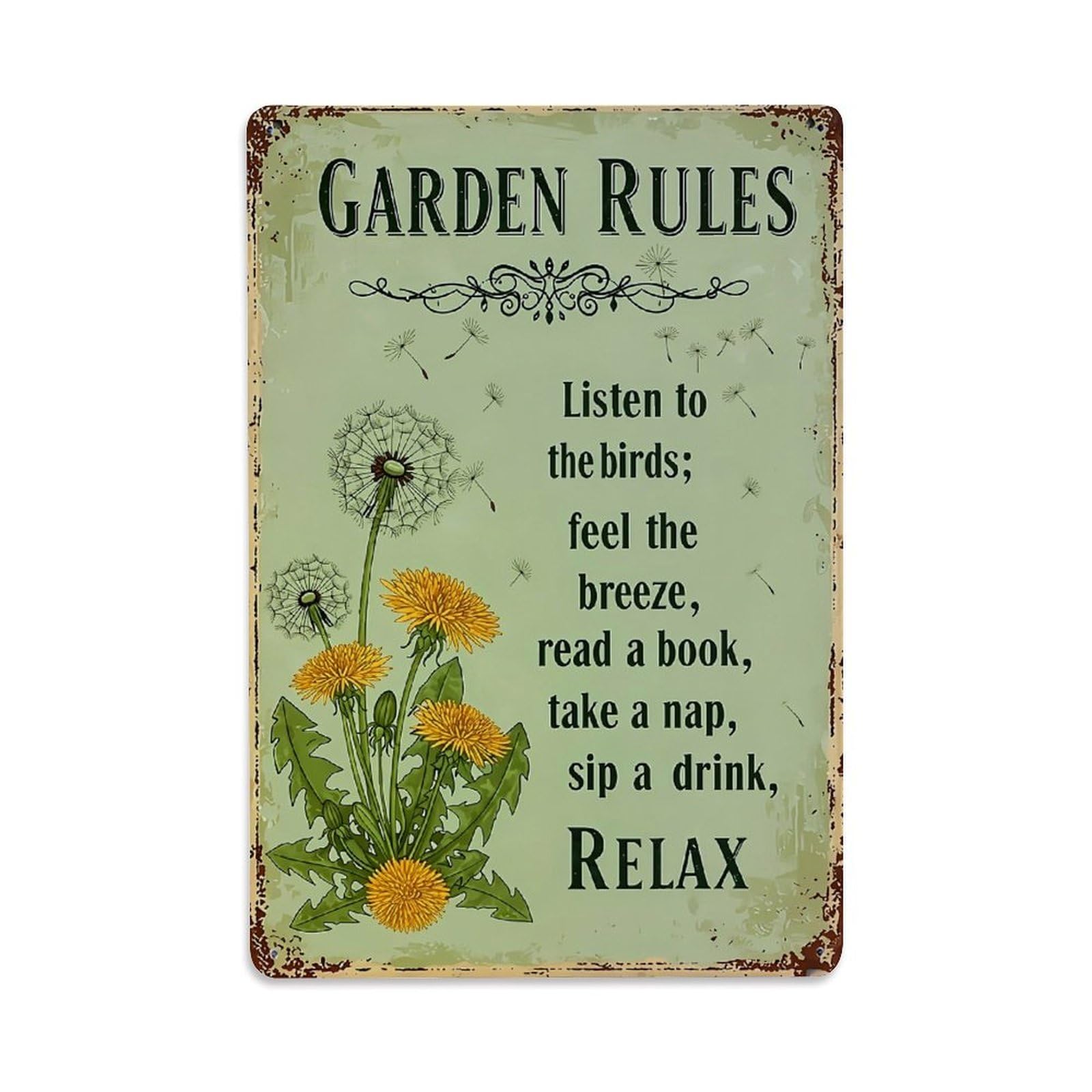 Jdyaojiesheng Vintage Garden Rules Dandelion Birds Breeze Relax Tin Sign Retro Metal Wall Decor Metal Poster, Home Bar Garage Farmhouse Cafe Wall Art Decoration 8X12inches