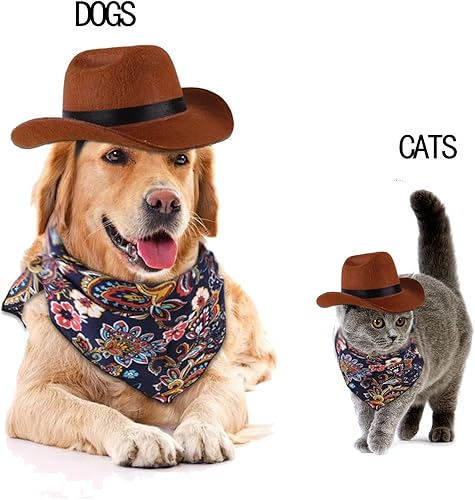 Miniatura 4 de Disfraces de Halloween para perros y gatos, disfraces de vaquero para mascotas, sombrero de cosplay, bufanda triangular retro, sombrero de perro,