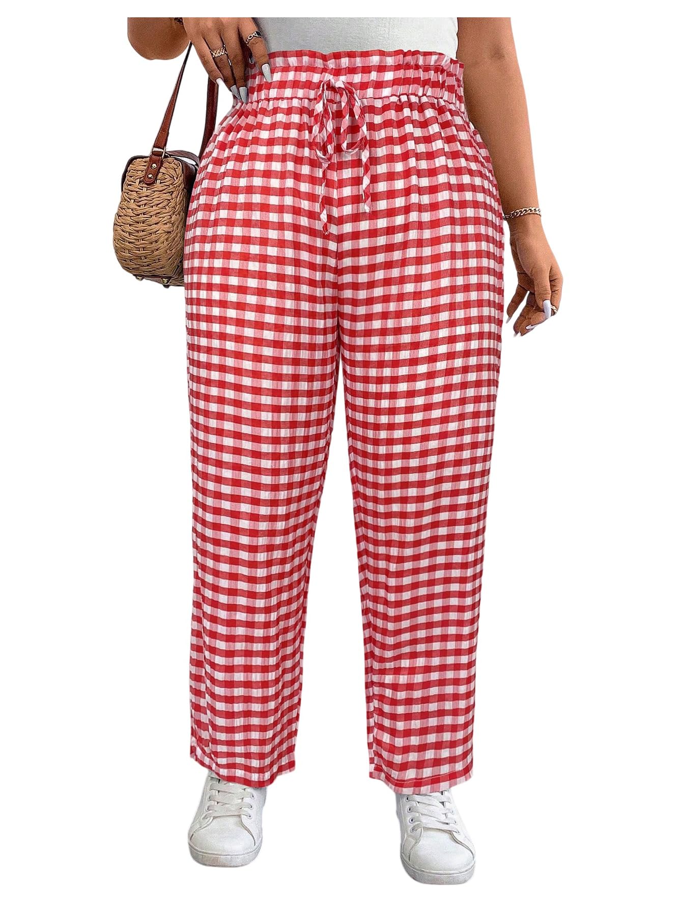 Verdusa Womens Plus Size Gingham Capri Pants Plaid Drawstring High Waisted Tapered Checkered Trousers