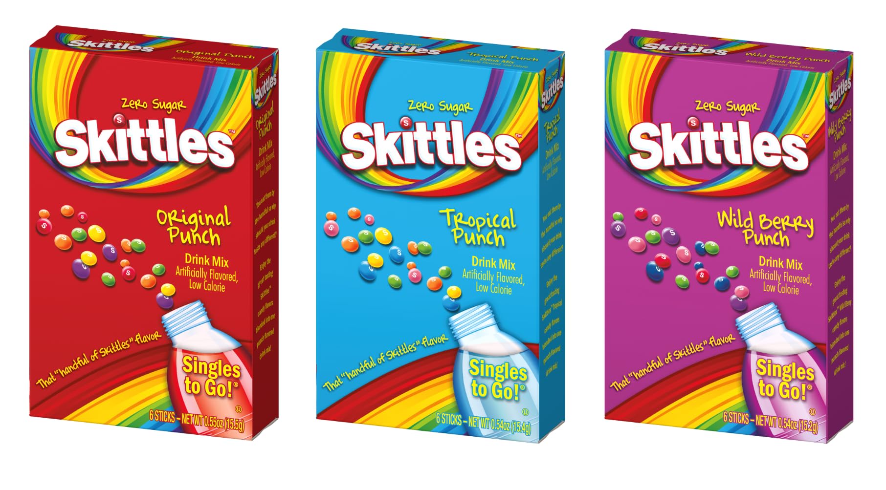 Skittles Singles To Go Variety Pack Bundle Original, Tropical Punch and Wild Berry Drink Mix