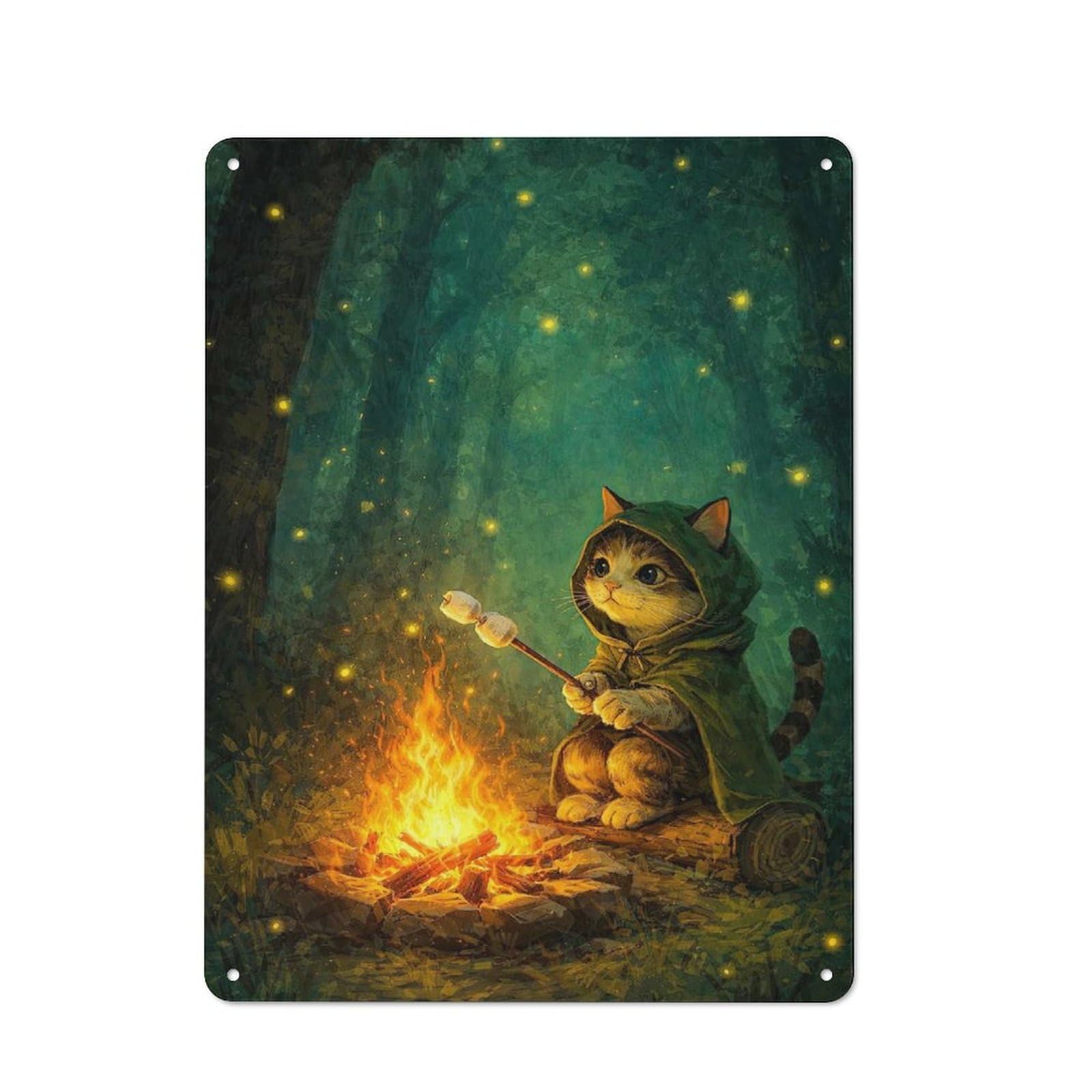 Junmoney Style-10 Tin Wall Plaque 40X30cm With Cat Roasting Marshmallows By Campfire For Studio Or Craft Room, Suited To Studio Decor Lovers