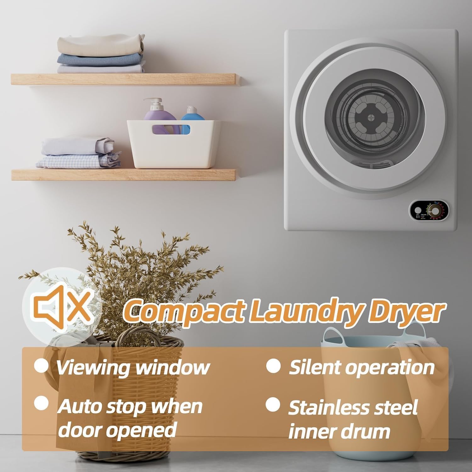 Portable Dryer 1.5 cu. ft., 850W Powerful Clothes Dryer Compact Electric Dryer with Stainless Steel Tub, Electric Machine for Small Space, Apartments, Hostels, RVs - White