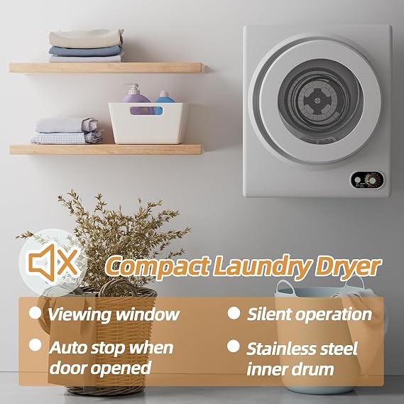 Portable Dryer 1.5 cu. ft., 850W Powerful Clothes Dryer Compact Electric Dryer with Stainless Steel Tub, Electric Machine for Small Space, Apartments, Hostels, RVs - White